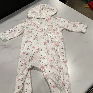 Little Me 2 Piece Footed Outfit & Hat Baby Girls 6M White Floral Ruffle Full Zip